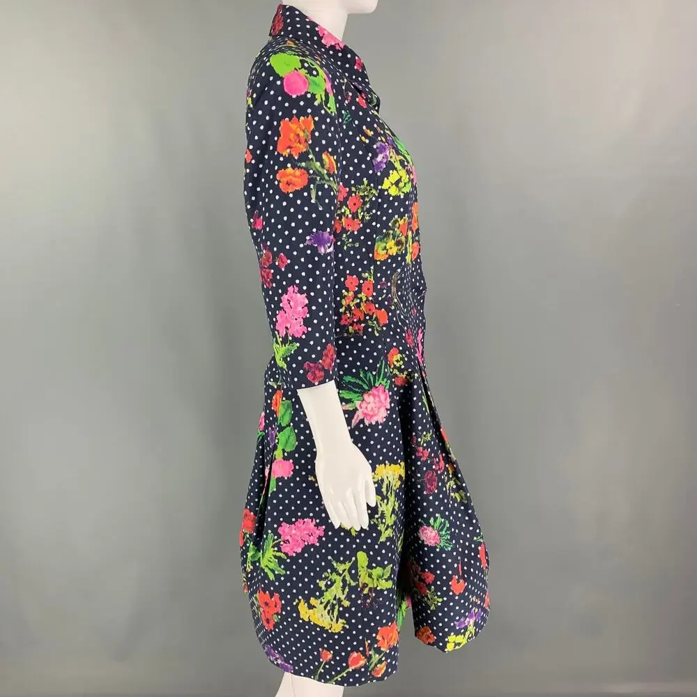 OSCAR DE LA RENTA Size 6 Navy Multi-Color Silk Polka Dot 3/4 Sleeves Coat
